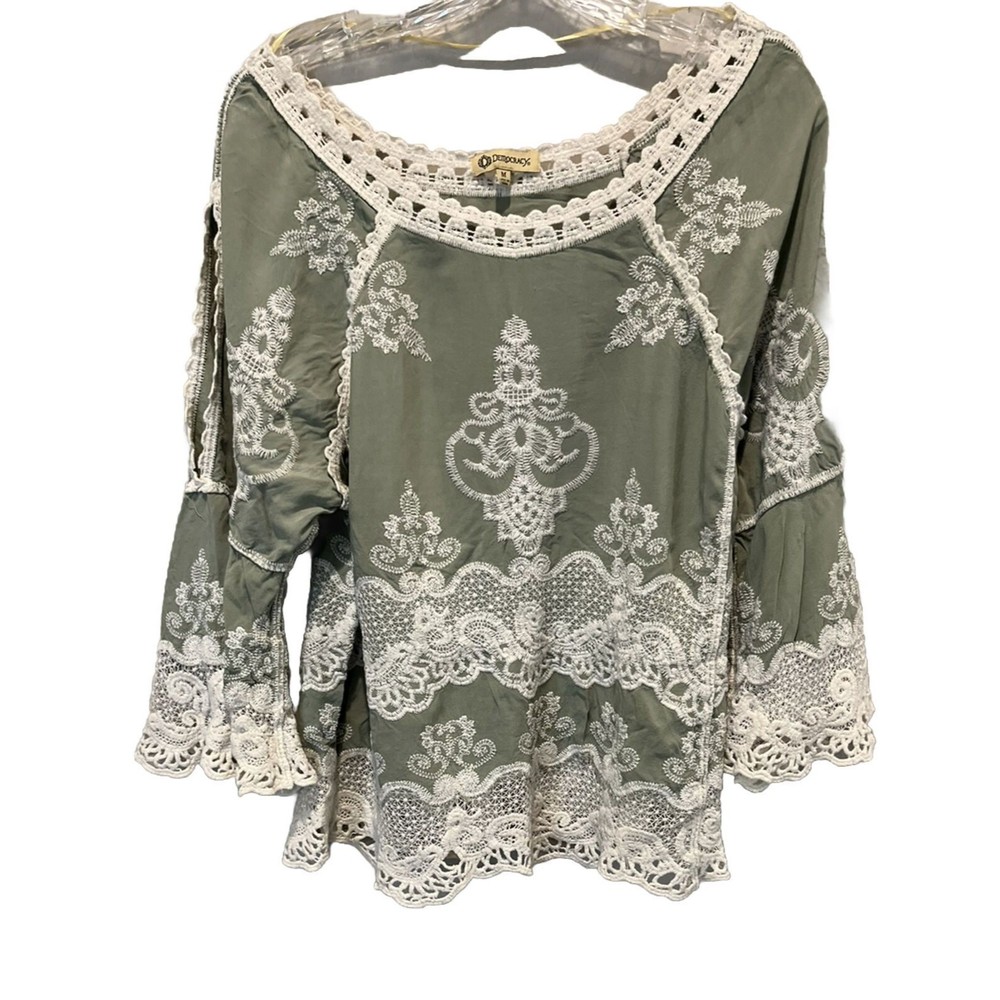 Democracy Green Boho Woven Crochet Lace Trim Peek A Boo Sleeves Peplum Top SZ M